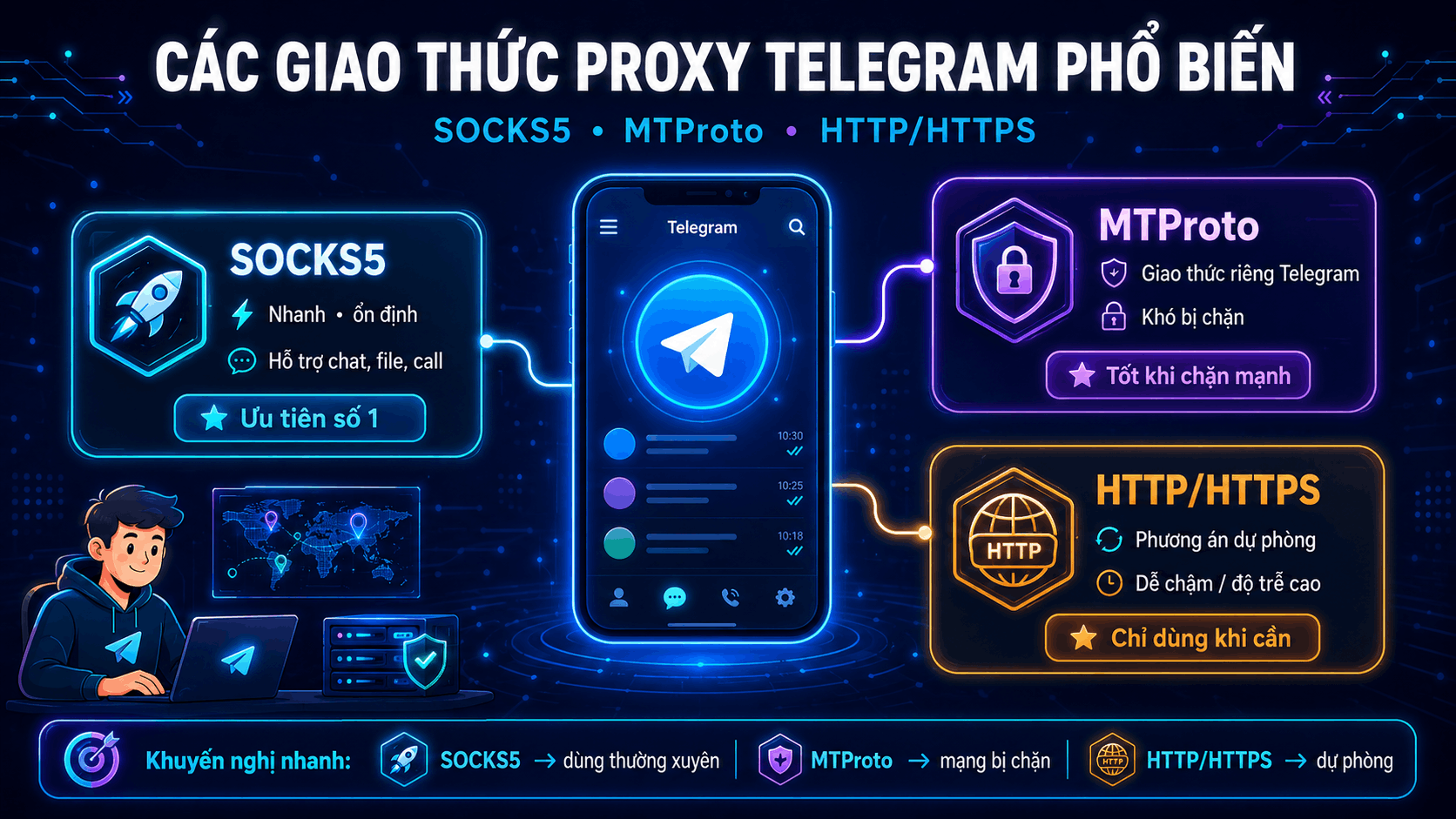 C&aacute;c giao thức proxy Telegram phổ biến v&agrave; khi n&agrave;o n&ecirc;n chọn